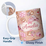 Personalized Custom Name Cute Teddy Bears Hearts Floral Beige Background Valentines Seamless 11oz Ceramic Coffee Tea Mug White Large Handle