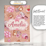 Cute Teddy Bears Hearts Floral Beige Background Valentines Seamless  Personalised Custom Name Super Soft Fleece Blanket Bed Sofa Throw