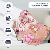 Cute Teddy Bears Hearts Floral Beige Background Valentines Seamless  Personalised Custom Name Super Soft Fleece Blanket Bed Sofa Throw