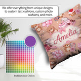Custom Name Teddy Bears Hearts Floral Beige Background Seamless Square Filled Cushion Throw Pillow Sofa Bed Home Decor Zip Washable UK Made