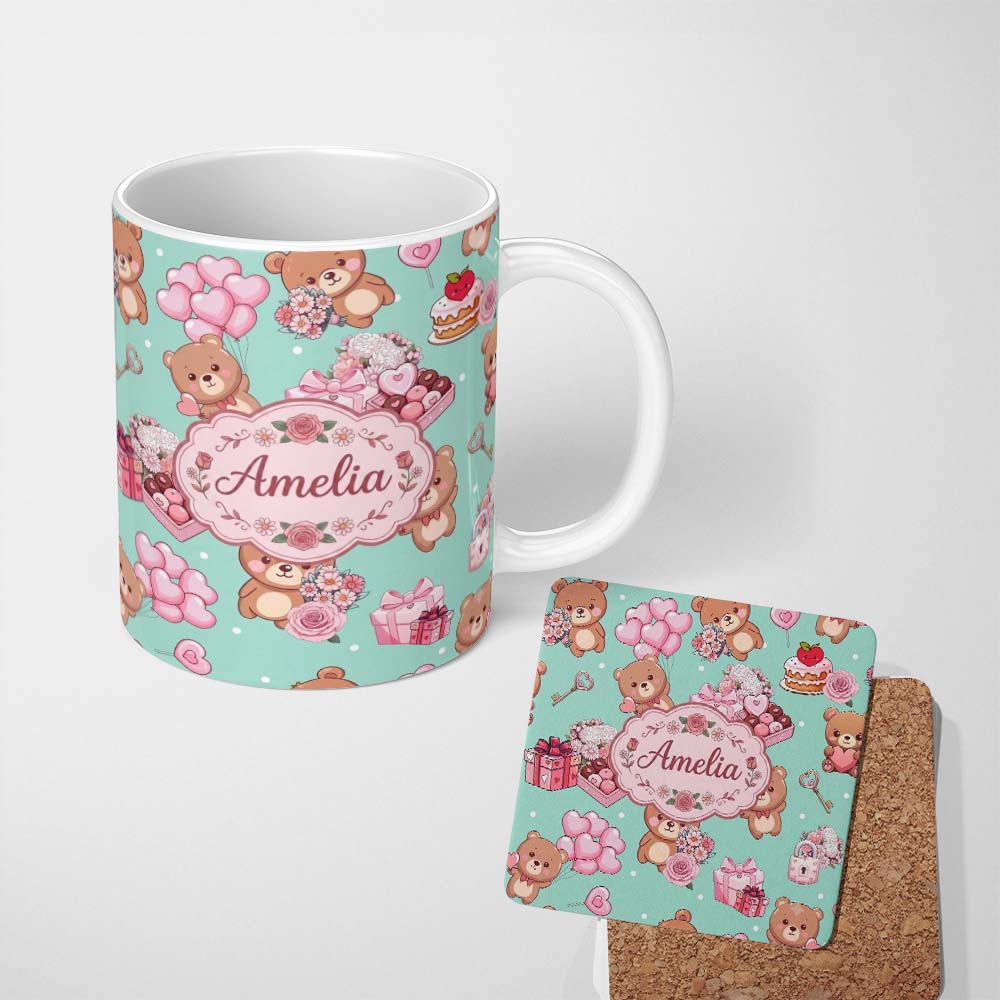 Personalized Custom Name Cute Teddy Bears Hearts Balloons Gifts Valentines Seamless Pattern 11oz Ceramic Coffee Tea Mug White Large Handle