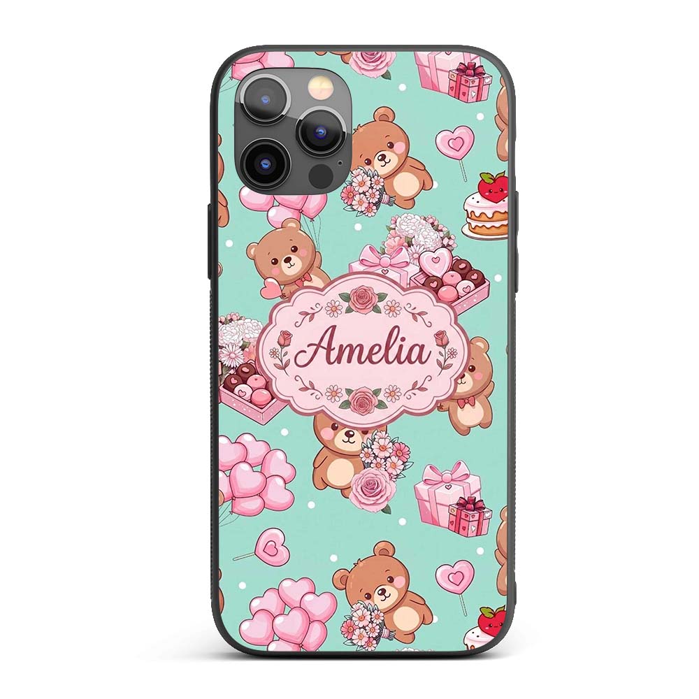 Cute Teddy Bears Hearts Balloons Gifts Valentines Custom Name Protective Phone Case Mobile Cover Durable Everyday Smartphone Shock Resistant