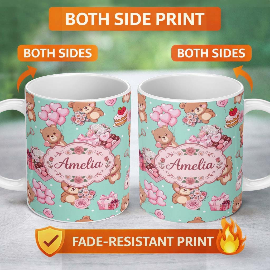 Personalized Custom Name Cute Teddy Bears Hearts Balloons Gifts Valentines Seamless Pattern 11oz Ceramic Coffee Tea Mug White Large Handle