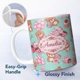 Personalized Custom Name Cute Teddy Bears Hearts Balloons Gifts Valentines Seamless Pattern 11oz Ceramic Coffee Tea Mug White Large Handle