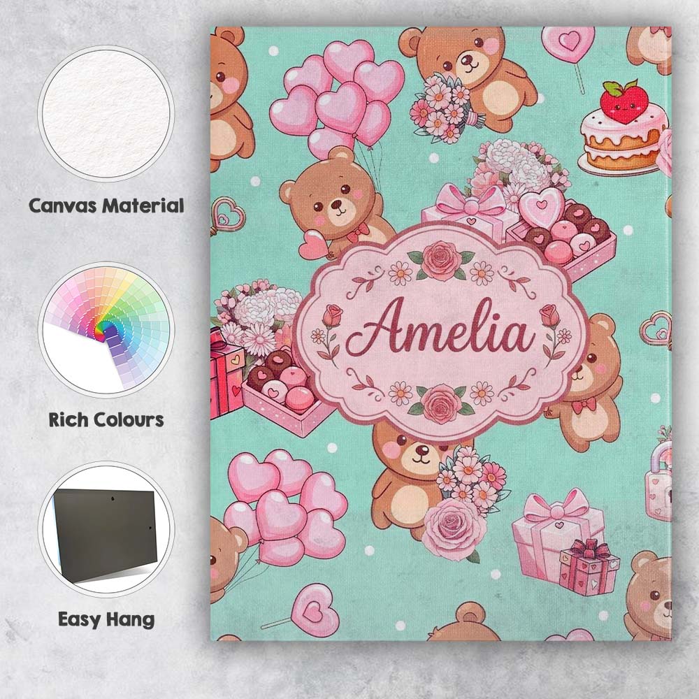 Personalised Name Cute Teddy Bears Hearts Custom  Unique Gift Idea Elegant Feature Canvas Wall Art Print Decor Picture Ready to Hang