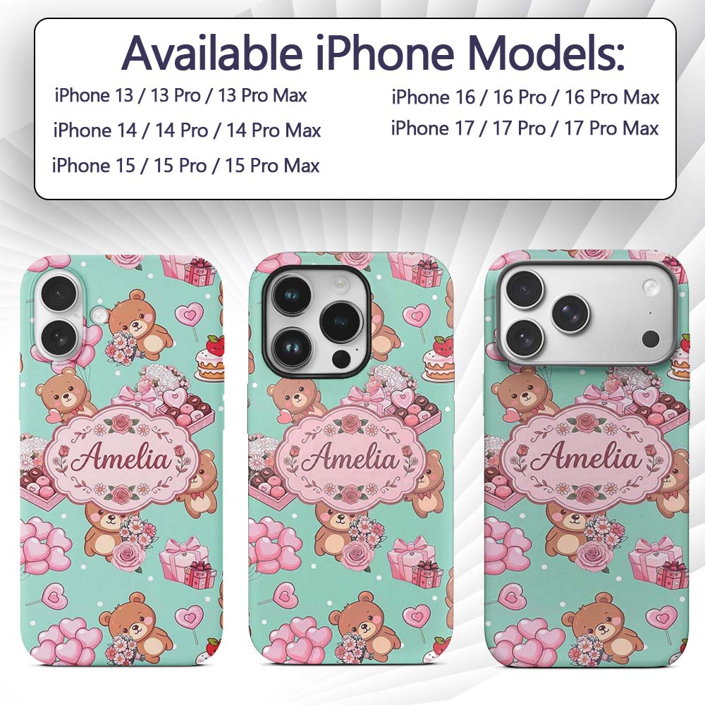 Cute Teddy Bears Hearts Balloons Gifts Valentines Custom Name Protective Phone Case Mobile Cover Durable Everyday Smartphone Shock Resistant