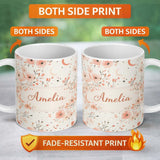 Personalized Custom Name Peach Floral Moon Seamless Pattern Stylish Everyday Mug Lovely 11oz Ceramic Coffee Tea Mug White Large Handle