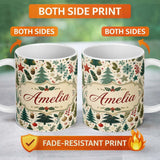 Personalized Custom Name Modern Christmas Trees Holly Leaves Snowflakes Winter Seamless 11oz Ceramic Coffee Tea Mug White Large Handle