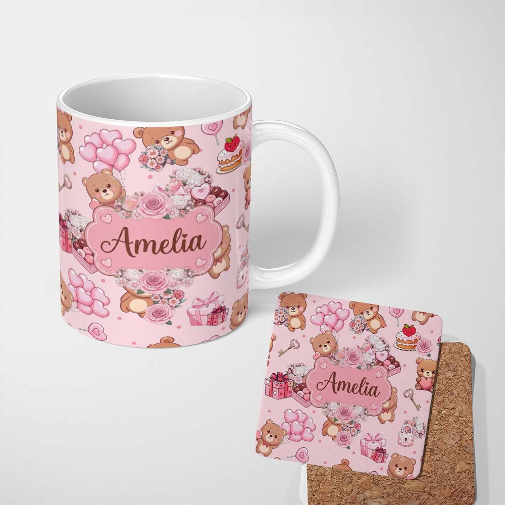 Personalized Custom Name Cute Teddy Bears Hearts Balloons Gifts Pink Background Seamless 11oz Ceramic Coffee Tea Mug White Large Handle