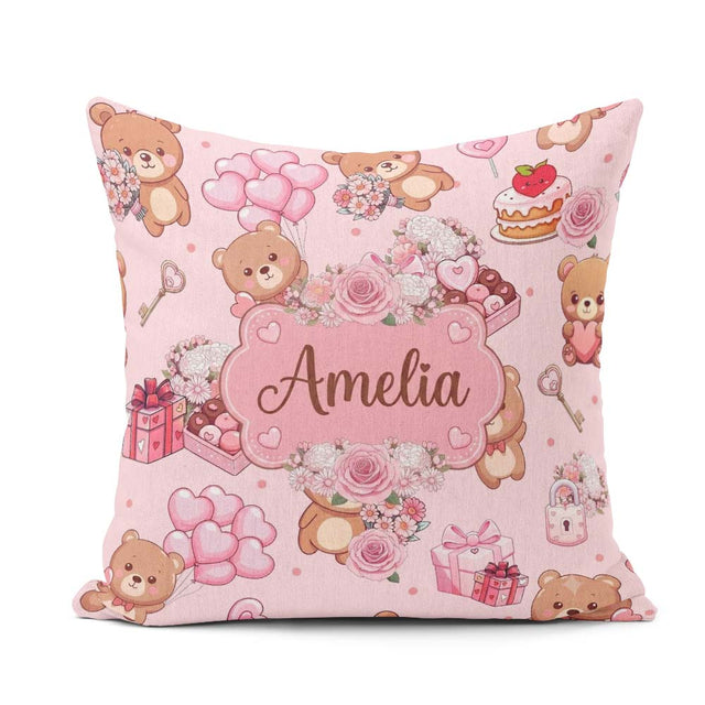 Custom Name Cute Teddy Bears Hearts Balloons Gifts Pink Seamless Square Filled Cushion Throw Pillow Sofa Bed Home Decor Zip Washable UK Made