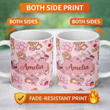Personalized Custom Name Cute Teddy Bears Hearts Balloons Gifts Pink Background Seamless 11oz Ceramic Coffee Tea Mug White Large Handle