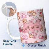 Personalized Custom Name Cute Teddy Bears Hearts Balloons Gifts Pink Background Seamless 11oz Ceramic Coffee Tea Mug White Large Handle