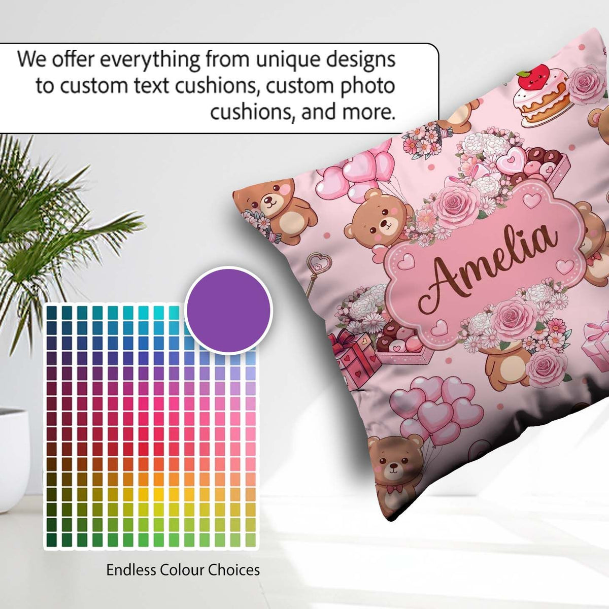 Custom Name Cute Teddy Bears Hearts Balloons Gifts Pink Seamless Square Filled Cushion Throw Pillow Sofa Bed Home Decor Zip Washable UK Made