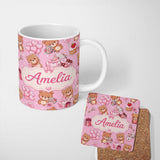 Personalized Custom Name Cute Teddy Bears Hearts Balloons Gifts Blush Pink Seamless Pattern 11oz Ceramic Coffee Tea Mug White Large Handle