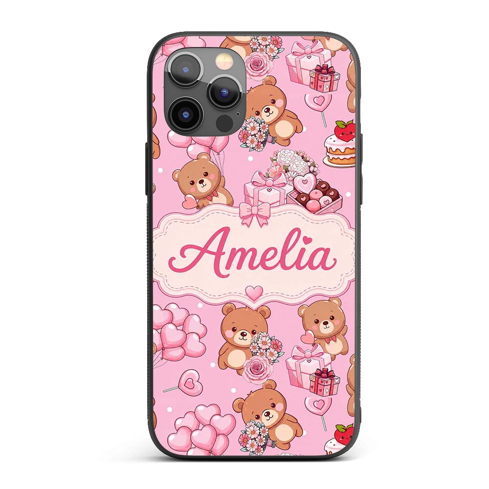 Cute Teddy Bears Hearts Balloons Gifts Blush Pink Custom Name Protective Phone Case Mobile Cover Durable Everyday Smartphone Shock Resistant