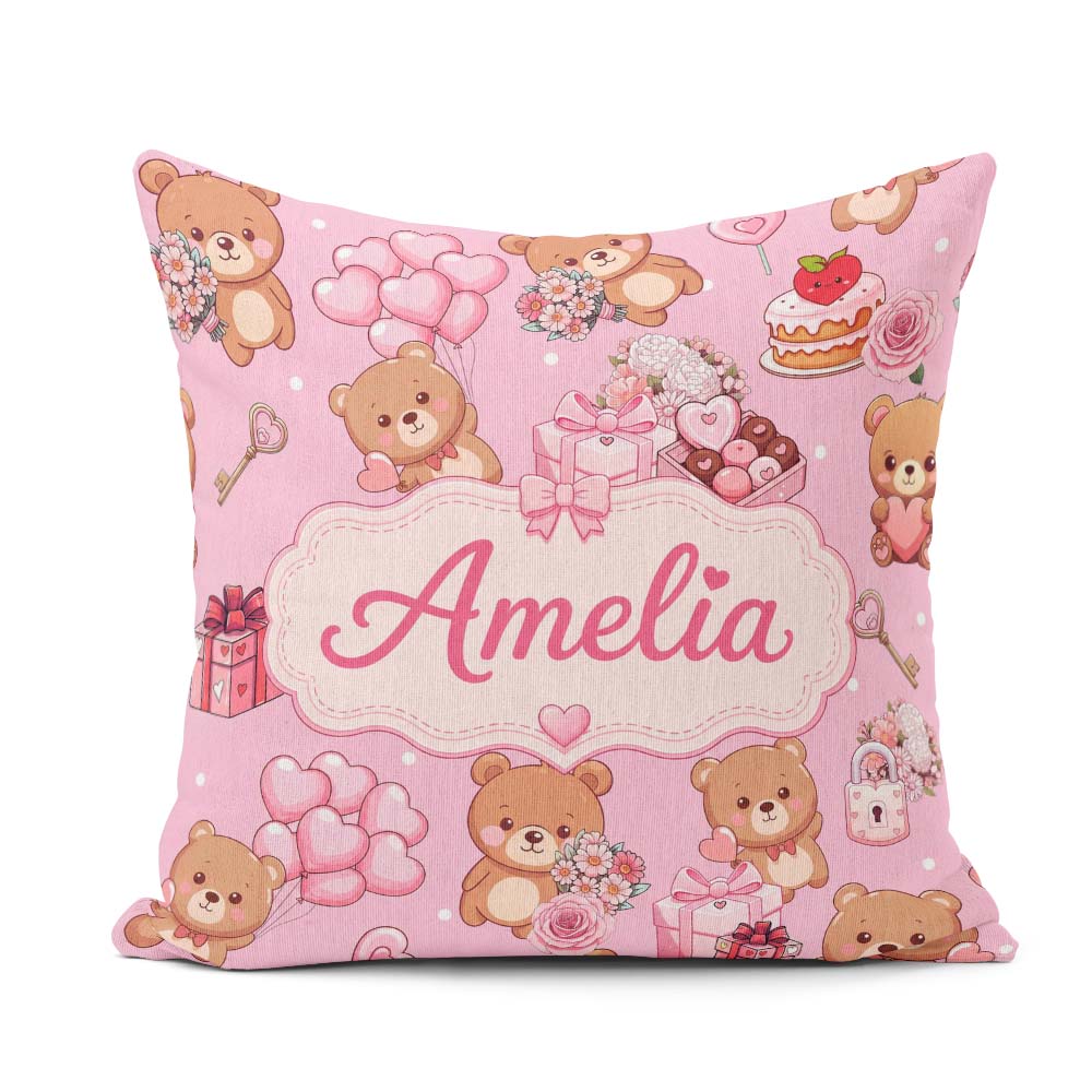Custom Name Teddy Bears Hearts Balloons Gifts Blush Pink Pattern Square Filled Cushion Throw Pillow Sofa Bed Home Decor Zip Washable UK Made