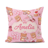 Custom Name Teddy Bears Hearts Balloons Gifts Blush Pink Pattern Square Filled Cushion Throw Pillow Sofa Bed Home Decor Zip Washable UK Made