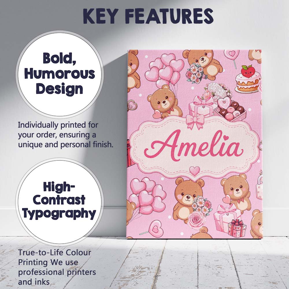 Personalised Name Cute Teddy Bears Hearts Custom  Unique Gift Idea Elegant Feature Canvas Wall Art Print Decor Picture Ready to Hang