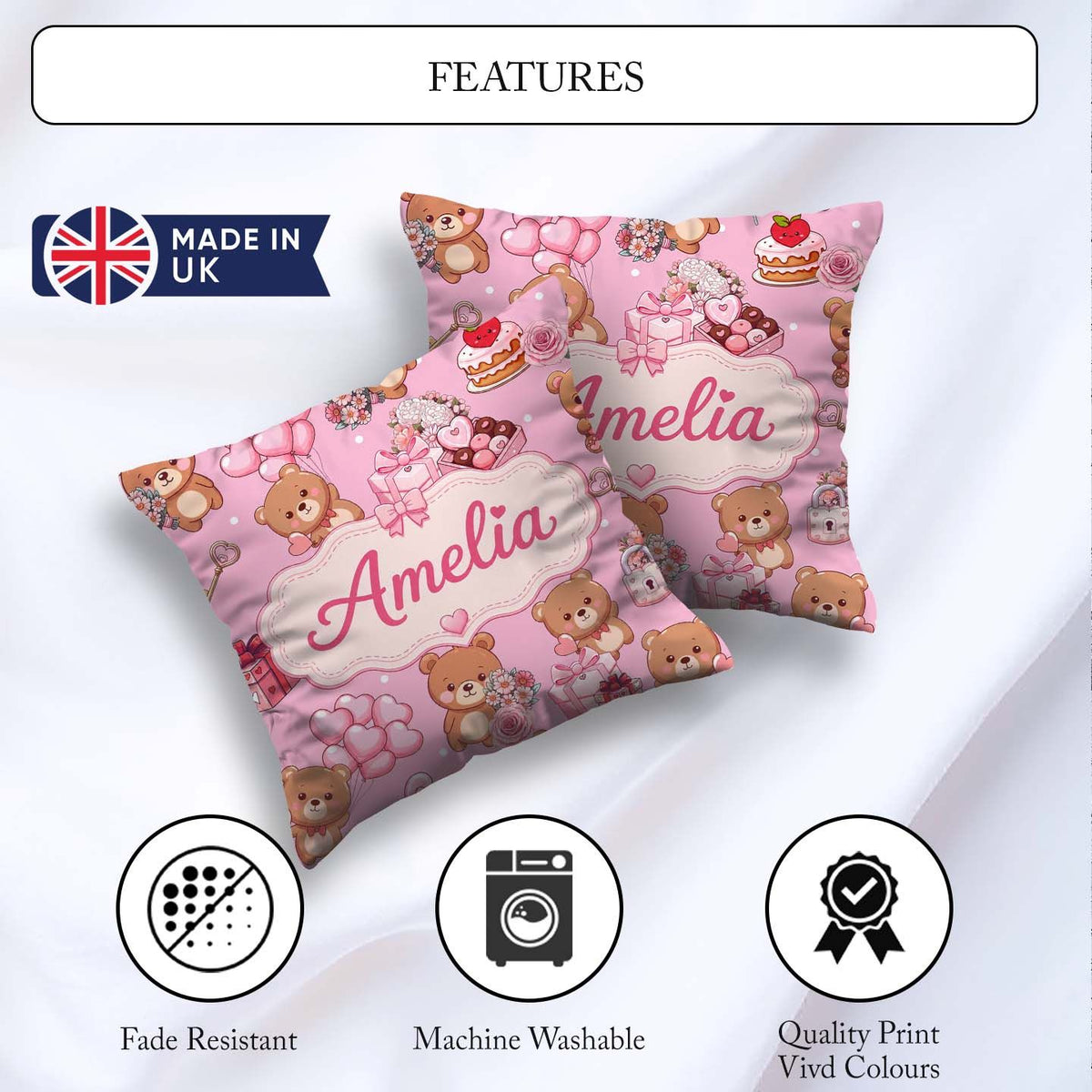 Custom Name Teddy Bears Hearts Balloons Gifts Blush Pink Pattern Square Filled Cushion Throw Pillow Sofa Bed Home Decor Zip Washable UK Made