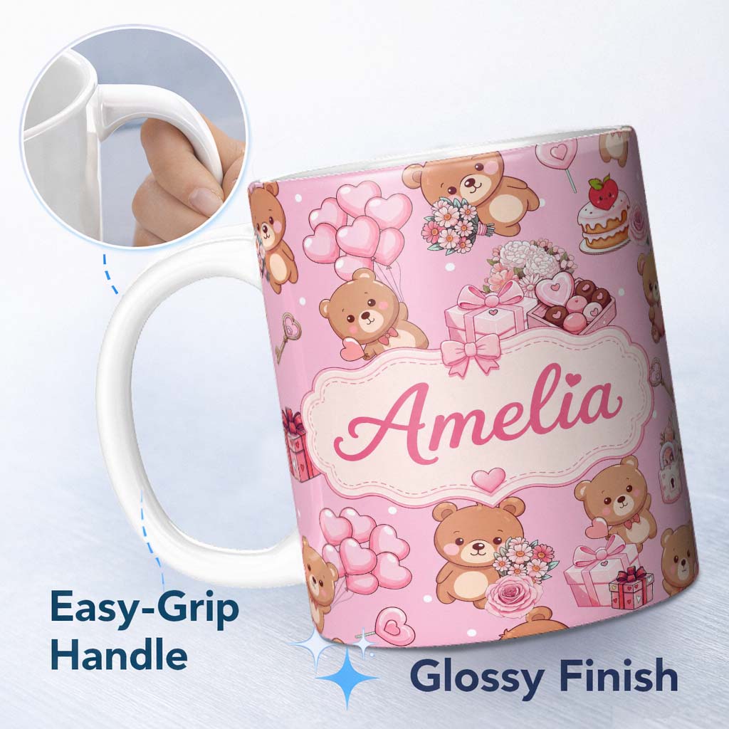 Personalized Custom Name Cute Teddy Bears Hearts Balloons Gifts Blush Pink Seamless Pattern 11oz Ceramic Coffee Tea Mug White Large Handle