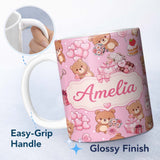 Personalized Custom Name Cute Teddy Bears Hearts Balloons Gifts Blush Pink Seamless Pattern 11oz Ceramic Coffee Tea Mug White Large Handle