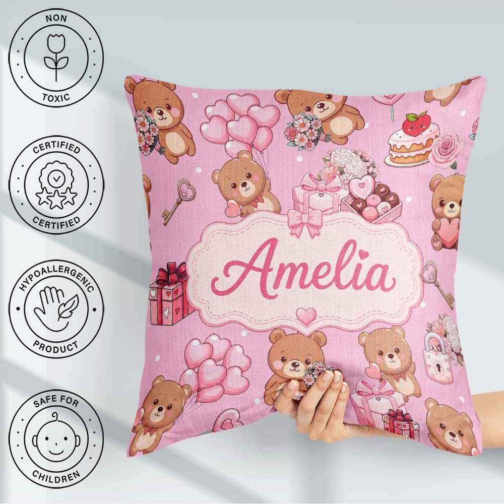 Custom Name Teddy Bears Hearts Balloons Gifts Blush Pink Pattern Square Filled Cushion Throw Pillow Sofa Bed Home Decor Zip Washable UK Made