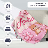 Cute Teddy Bears Hearts Balloons Gifts Blush Pink Seamless Pattern  Personalised Custom Name Super Soft Fleece Blanket Bed Sofa Throw