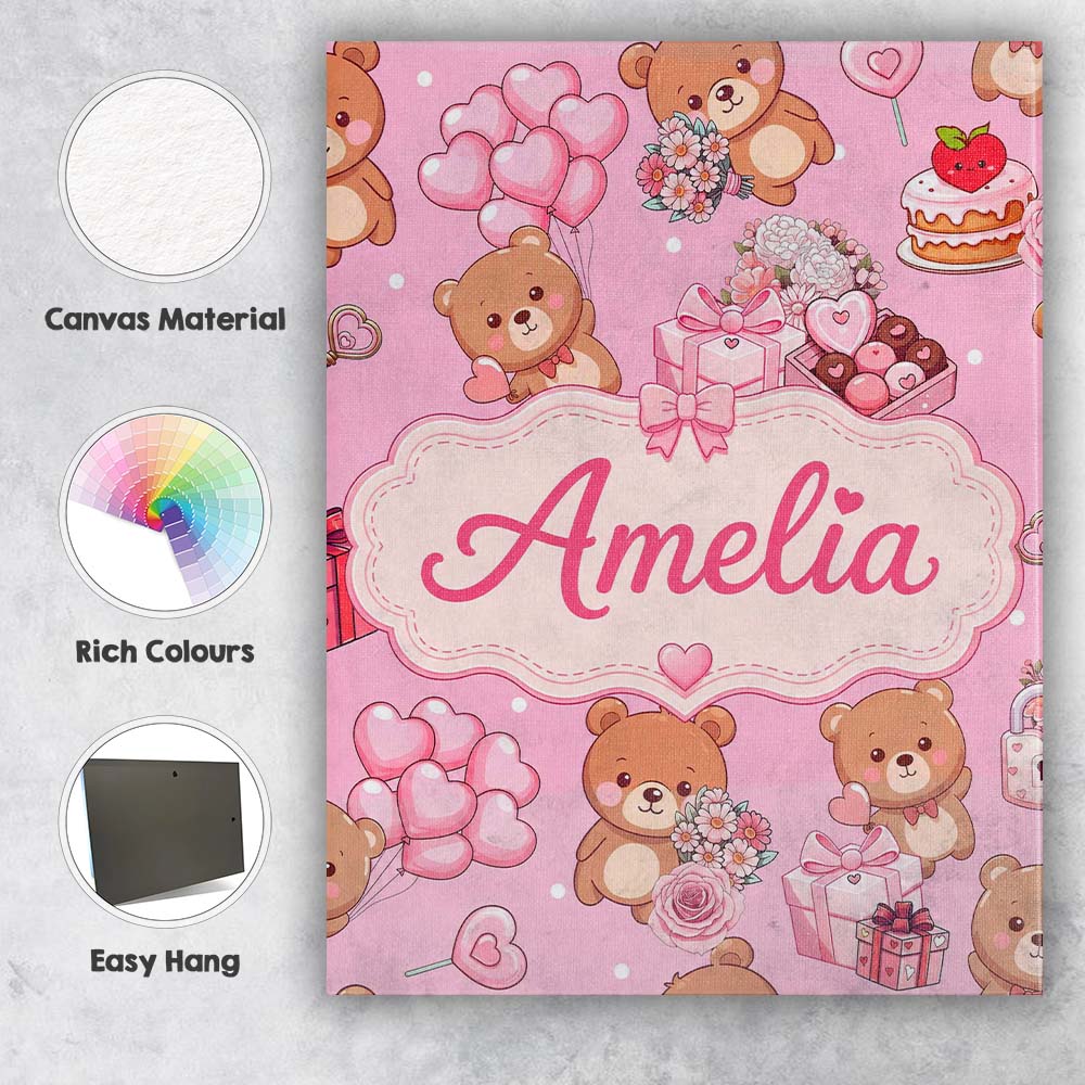 Personalised Name Cute Teddy Bears Hearts Custom  Unique Gift Idea Elegant Feature Canvas Wall Art Print Decor Picture Ready to Hang