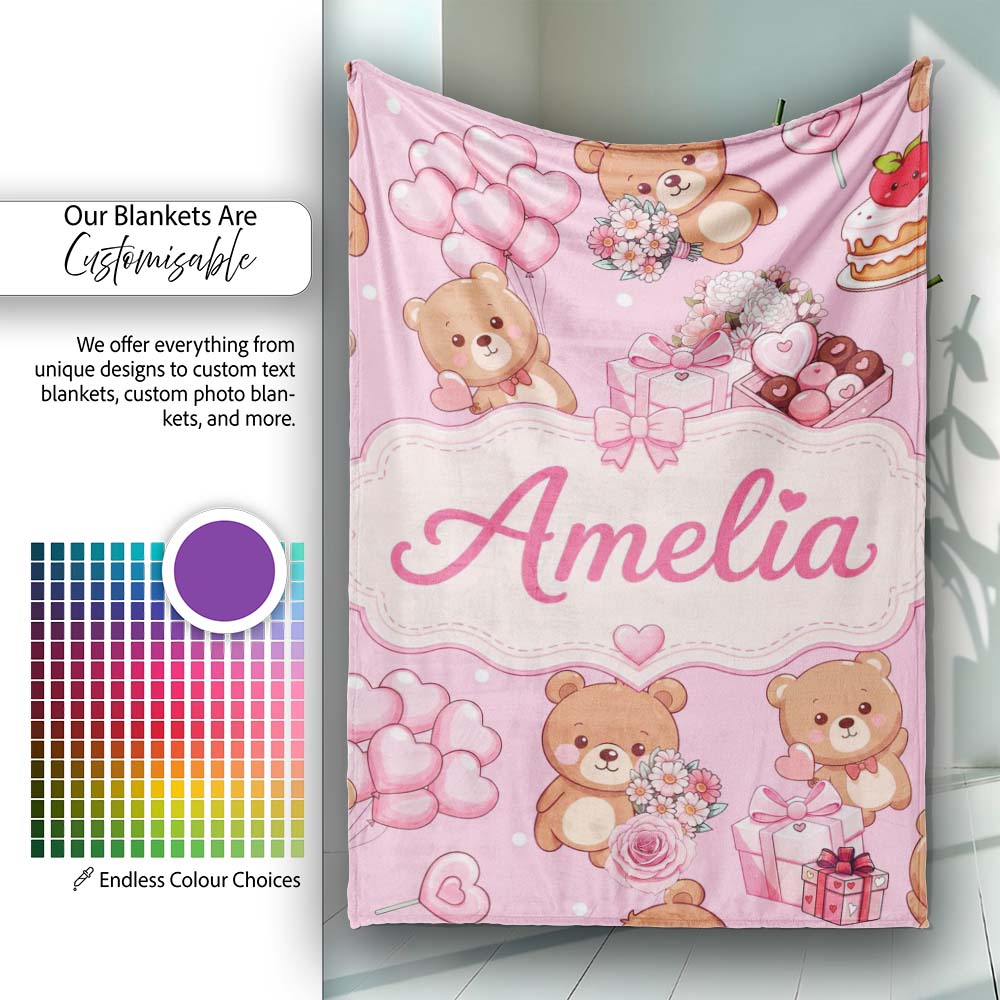 Cute Teddy Bears Hearts Balloons Gifts Blush Pink Seamless Pattern  Personalised Custom Name Super Soft Fleece Blanket Bed Sofa Throw