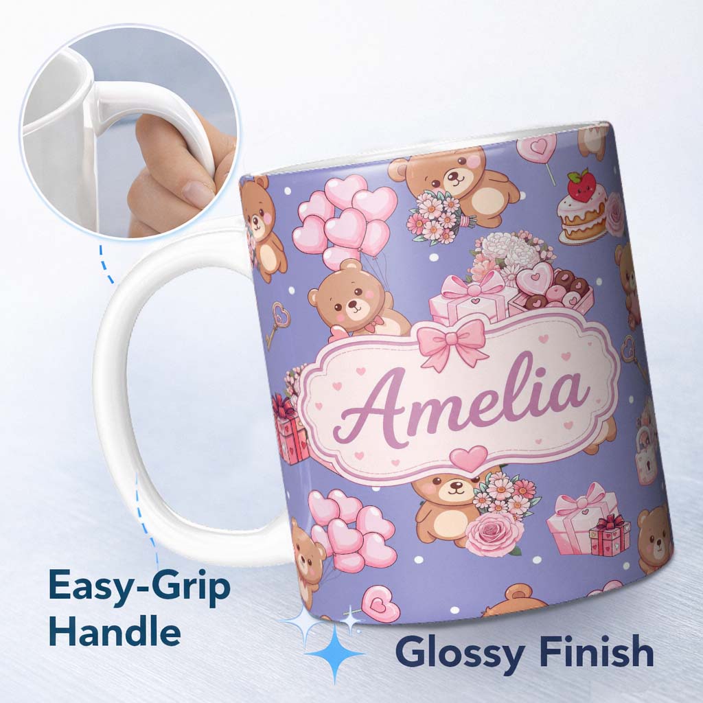 Personalized Custom Name Cute Teddy Bears Hearts Balloons Gifts Purple Background Seamless 11oz Ceramic Coffee Tea Mug White Large Handle