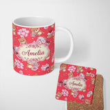 Personalized Custom Name Cute Teddy Bears Hearts Balloons Gifts Red Background Seamless 11oz Ceramic Coffee Tea Mug White Large Handle