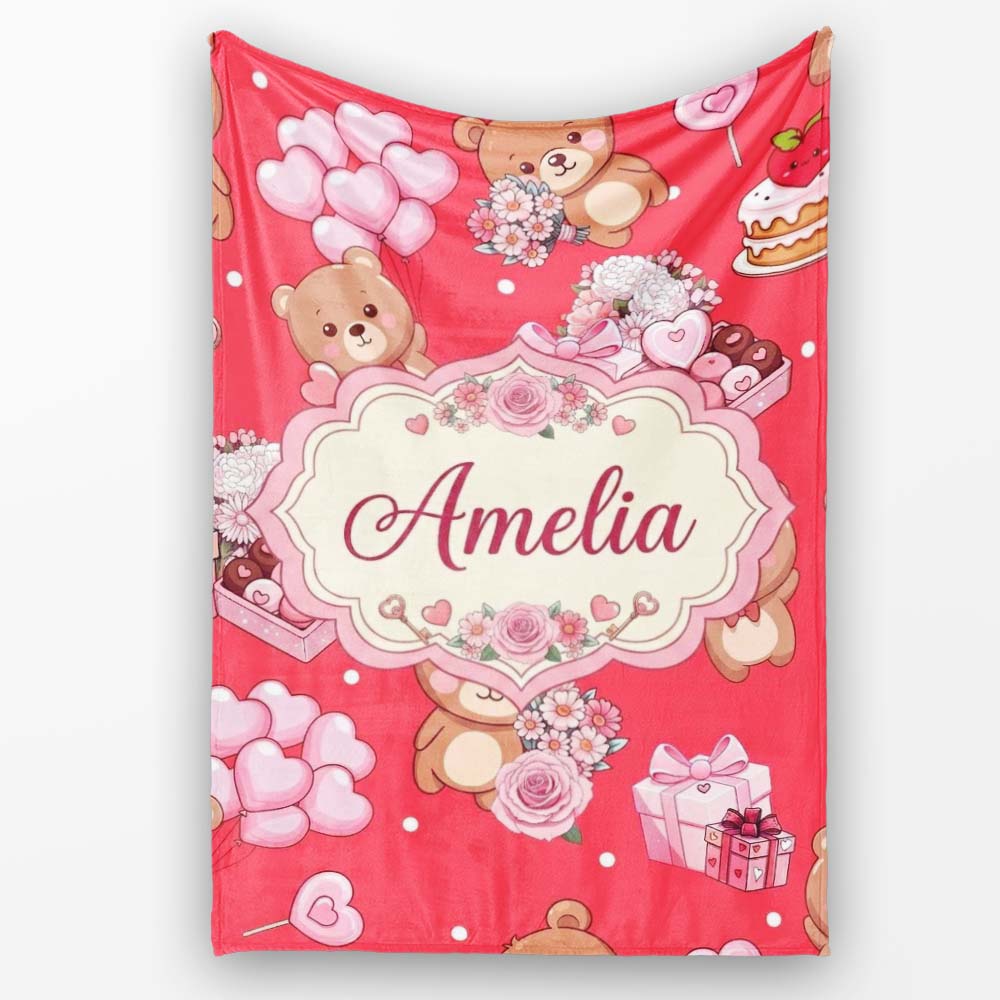 Cute Teddy Bears Hearts Balloons Gifts Red Background Seamless  Personalised Custom Name Super Soft Fleece Blanket Bed Sofa Throw