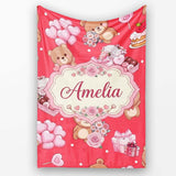 Cute Teddy Bears Hearts Balloons Gifts Red Background Seamless  Personalised Custom Name Super Soft Fleece Blanket Bed Sofa Throw