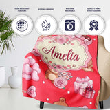 Cute Teddy Bears Hearts Balloons Gifts Red Background Seamless  Personalised Custom Name Super Soft Fleece Blanket Bed Sofa Throw