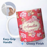 Personalized Custom Name Cute Teddy Bears Hearts Balloons Gifts Red Background Seamless 11oz Ceramic Coffee Tea Mug White Large Handle