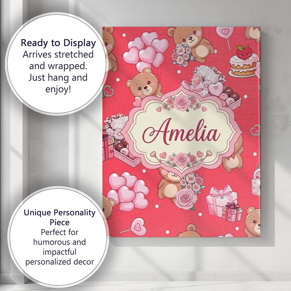 Personalised Name Cute Teddy Bears Hearts Custom  Unique Gift Idea Elegant Feature Canvas Wall Art Print Decor Picture Ready to Hang