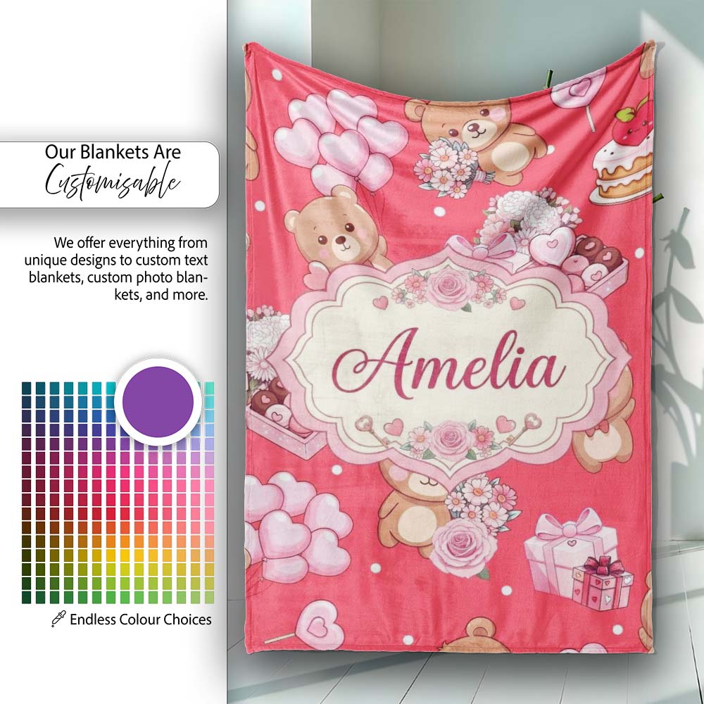 Cute Teddy Bears Hearts Balloons Gifts Red Background Seamless  Personalised Custom Name Super Soft Fleece Blanket Bed Sofa Throw