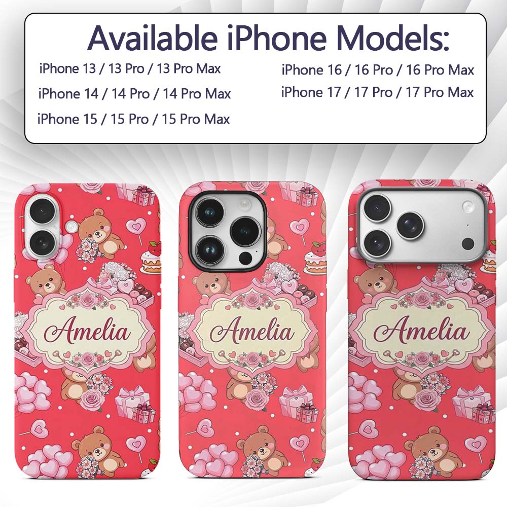 Cute Teddy Bears Hearts Balloons Printed Design Custom Name Protective Phone Case Mobile Cover Durable Everyday Smartphone Shock Resistant