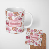 Personalized Custom Name Cute Teddy Bears Hearts Balloons Gifts Grey Background Seamless 11oz Ceramic Coffee Tea Mug White Large Handle