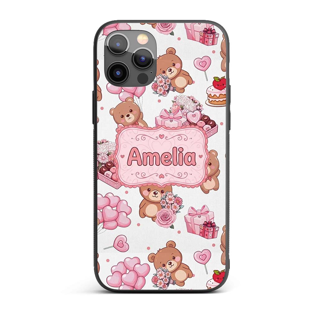 Cute Teddy Bears Hearts Balloons Printed Design Custom Name Protective Phone Case Mobile Cover Durable Everyday Smartphone Shock Resistant