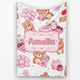 Cute Teddy Bears Hearts Balloons Gifts Grey Background Seamless  Personalised Custom Name Super Soft Fleece Blanket Bed Sofa Throw