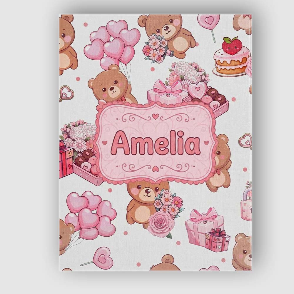 Personalised Name Cute Teddy Bears Hearts Custom  Unique Gift Idea Elegant Feature Canvas Wall Art Print Decor Picture Ready to Hang