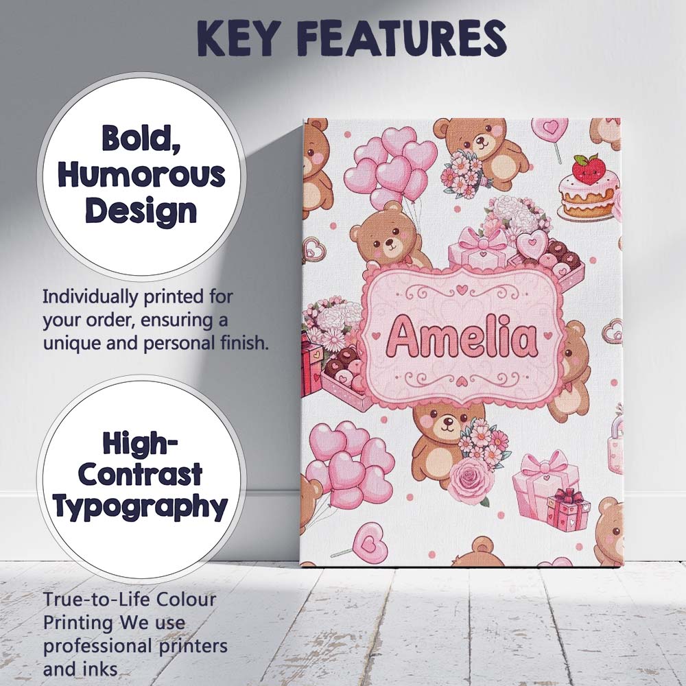 Personalised Name Cute Teddy Bears Hearts Custom  Unique Gift Idea Elegant Feature Canvas Wall Art Print Decor Picture Ready to Hang