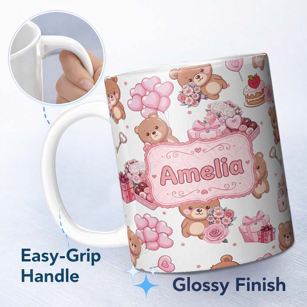 Personalized Custom Name Cute Teddy Bears Hearts Balloons Gifts Grey Background Seamless 11oz Ceramic Coffee Tea Mug White Large Handle