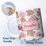 Personalized Custom Name Cute Teddy Bears Hearts Balloons Gifts Grey Background Seamless 11oz Ceramic Coffee Tea Mug White Large Handle