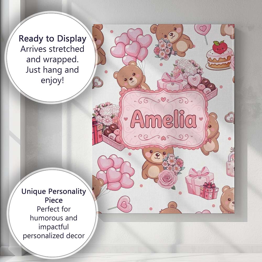 Personalised Name Cute Teddy Bears Hearts Custom  Unique Gift Idea Elegant Feature Canvas Wall Art Print Decor Picture Ready to Hang