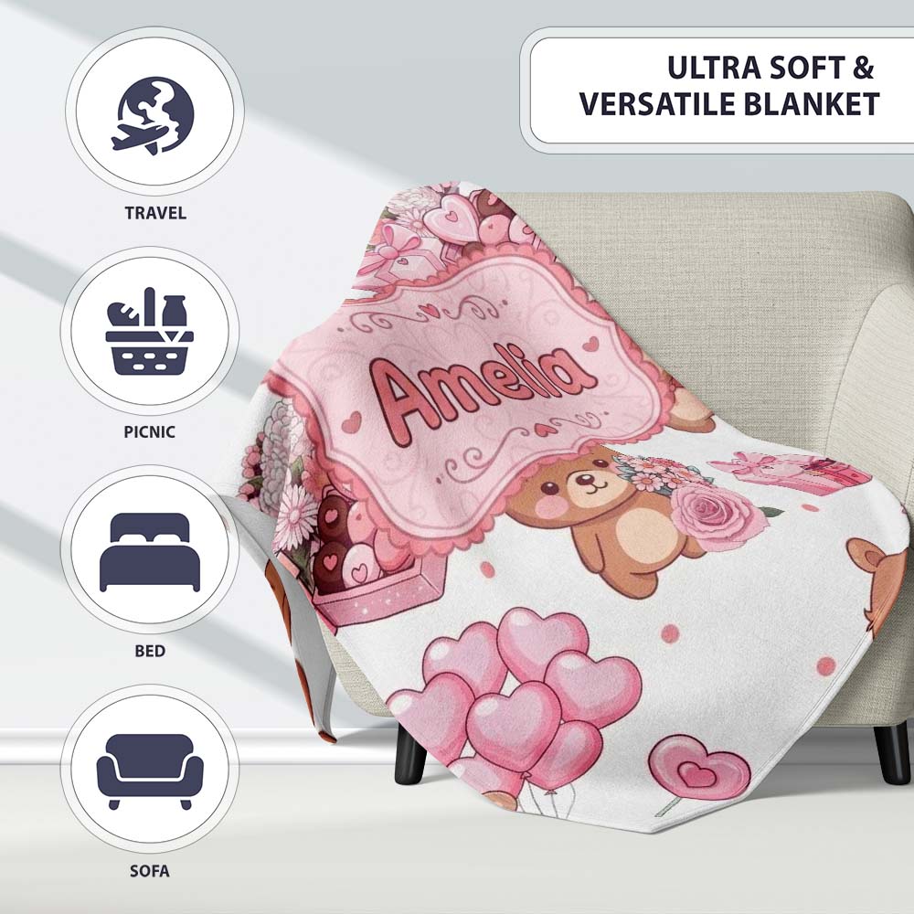 Cute Teddy Bears Hearts Balloons Gifts Grey Background Seamless  Personalised Custom Name Super Soft Fleece Blanket Bed Sofa Throw