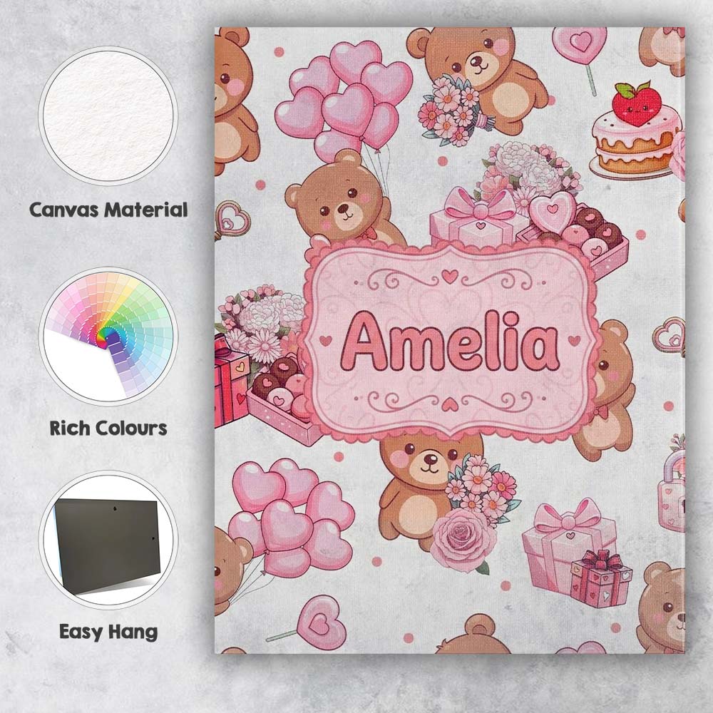 Personalised Name Cute Teddy Bears Hearts Custom  Unique Gift Idea Elegant Feature Canvas Wall Art Print Decor Picture Ready to Hang