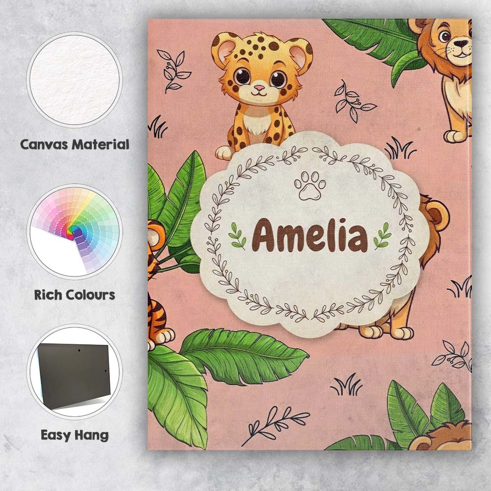 Personalised Name Cute Jungle Animals Lion Tiger Leopard Tropical Custom  Bespoke Canvas Wall Art Print Decor Picture Ready to Hang