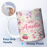 Personalized Custom Name Cute Cupid Angels Hearts Sweets Love Theme Seamless Pattern Name 11oz Ceramic Coffee Tea Mug White Large Handle